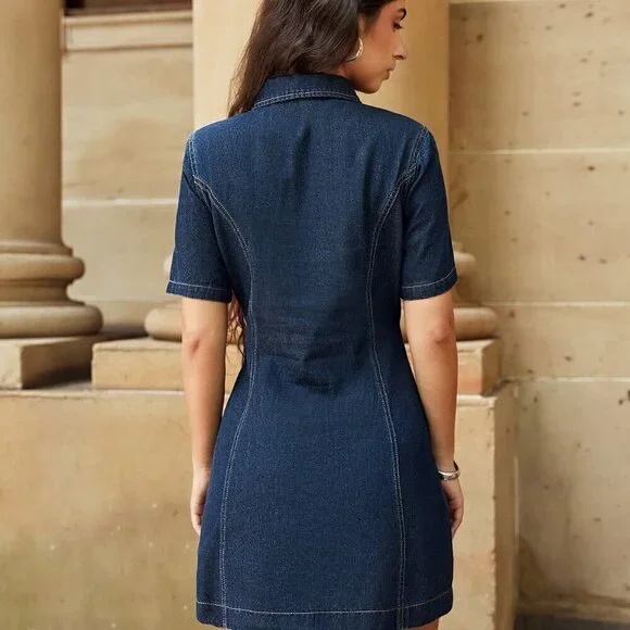 Blue Casual Women's Washed Front Zipper Denim Dress - Picture 2 of 5